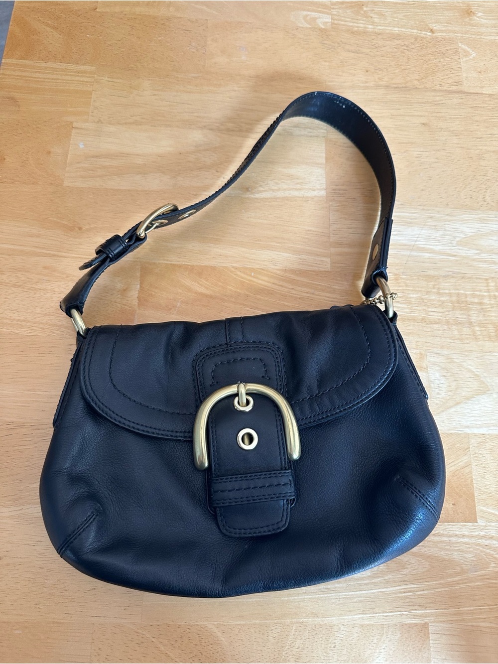 Coach SoHo Black Leather Shoulder Bag with Gold Hardware